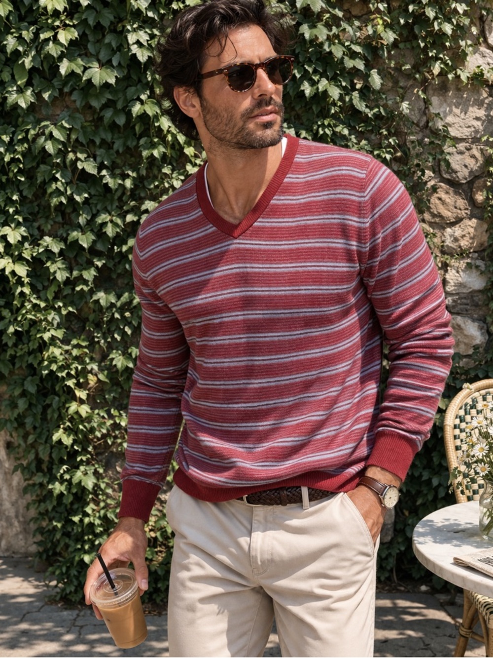 LANDS' END CANVAS Collegiate Sporty Red and Gray V-Neck Striped Sweater, L